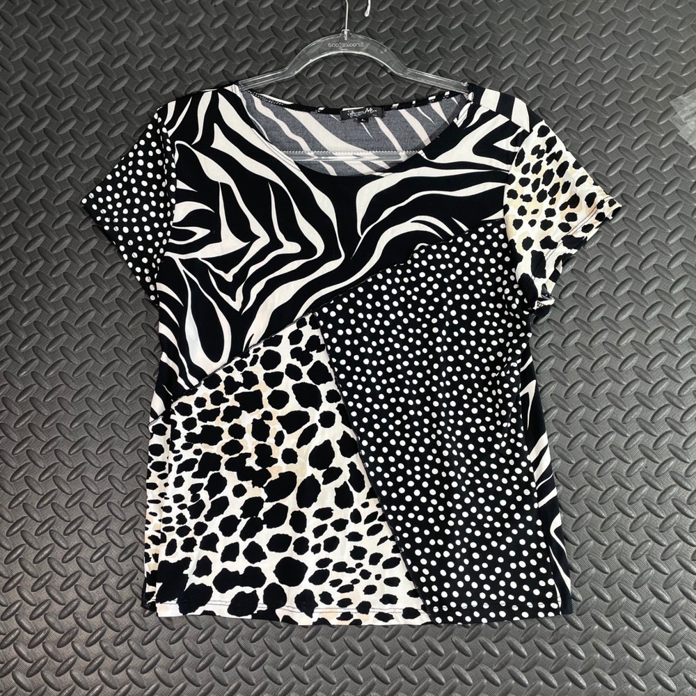 Vintage Jessica Max Black White Zebra Stripe Spotted Abstract Blouse Top Shirt L
